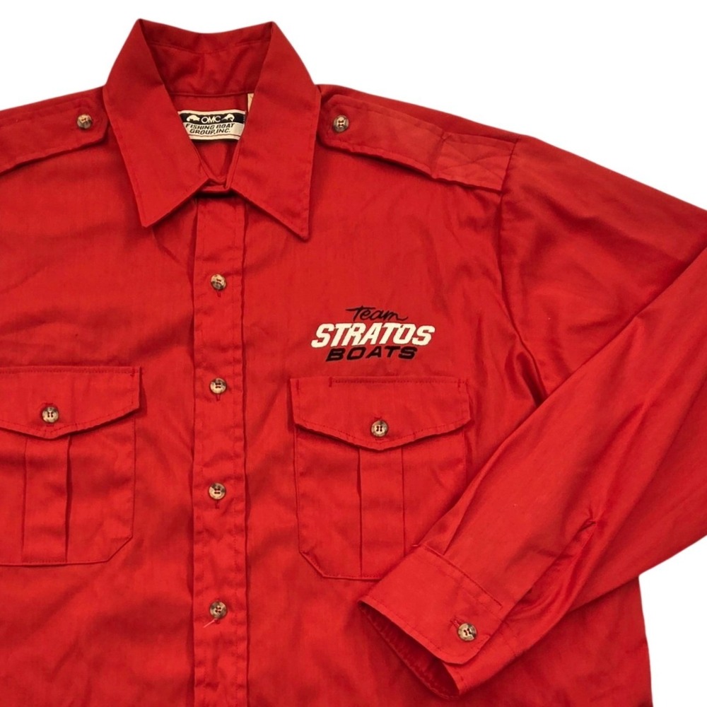 Vintage 90s OMC Team Stratos Boats Fishing Work Shirt Red Mens Large USA *READ